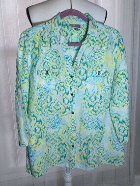 JM COLLECTIONS 3/4 Sleeve Collared V-Neck Button Down Linen Floral Blouse 14
